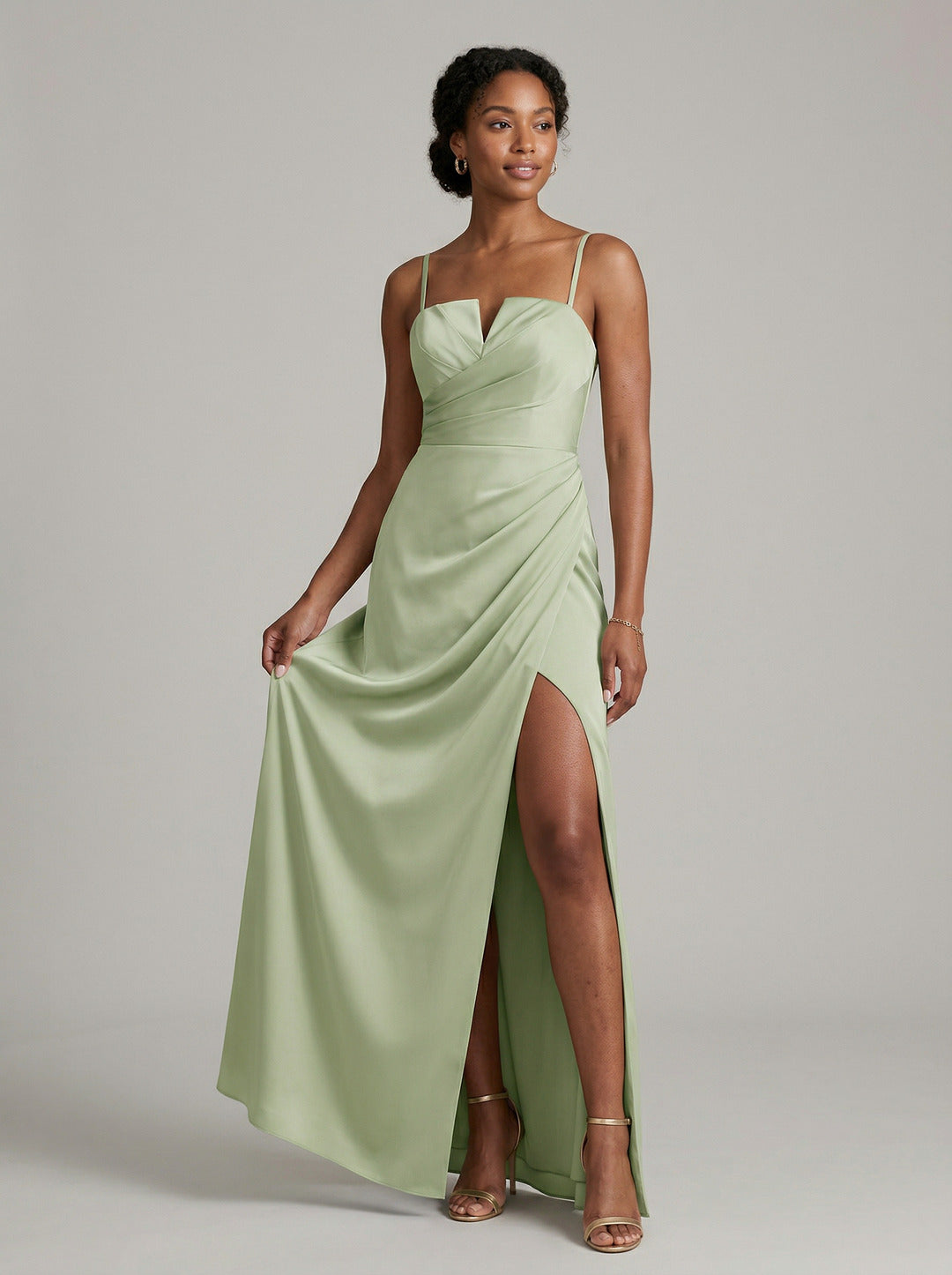 Simple Dusty Sage Satin Sheath Straight Neck Backless Ankle-Length Bridesmaid Dress - Curvevia