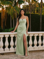 Simple Dusty Sage Satin Sheath Straight Neck Backless Ankle-Length Bridesmaid Dress - Curvevia