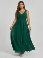 Simple Emerald Chiffon A-Line V-Neck V-Back Ankle-Length Plus Size Bridesmaid Dress - Curvevia