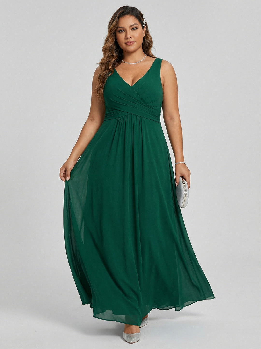 Simple Emerald Chiffon A-Line V-Neck V-Back Ankle-Length Plus Size Bridesmaid Dress - Curvevia