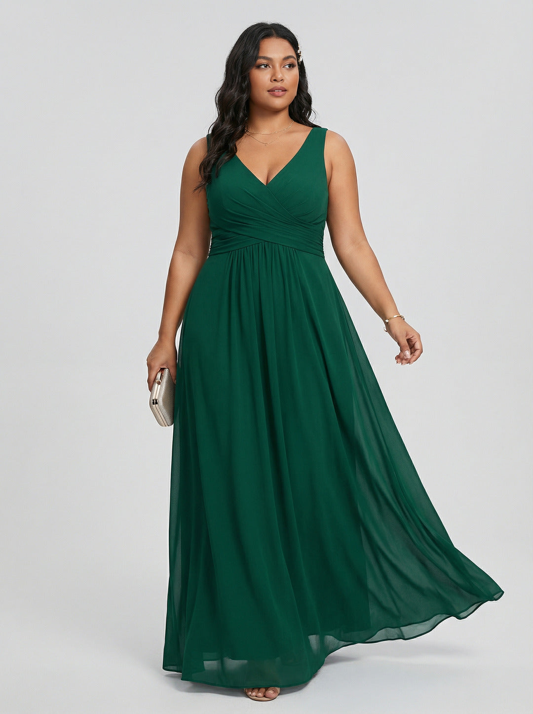 Simple Emerald Chiffon A-Line V-Neck V-Back Ankle-Length Plus Size Bridesmaid Dress - Curvevia