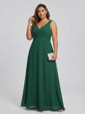 Simple Emerald Chiffon A-Line V-Neck V-Back Ankle-Length Plus Size Bridesmaid Dress - Curvevia