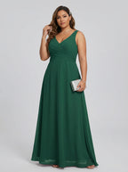 Simple Emerald Chiffon A-Line V-Neck V-Back Ankle-Length Plus Size Bridesmaid Dress - Curvevia