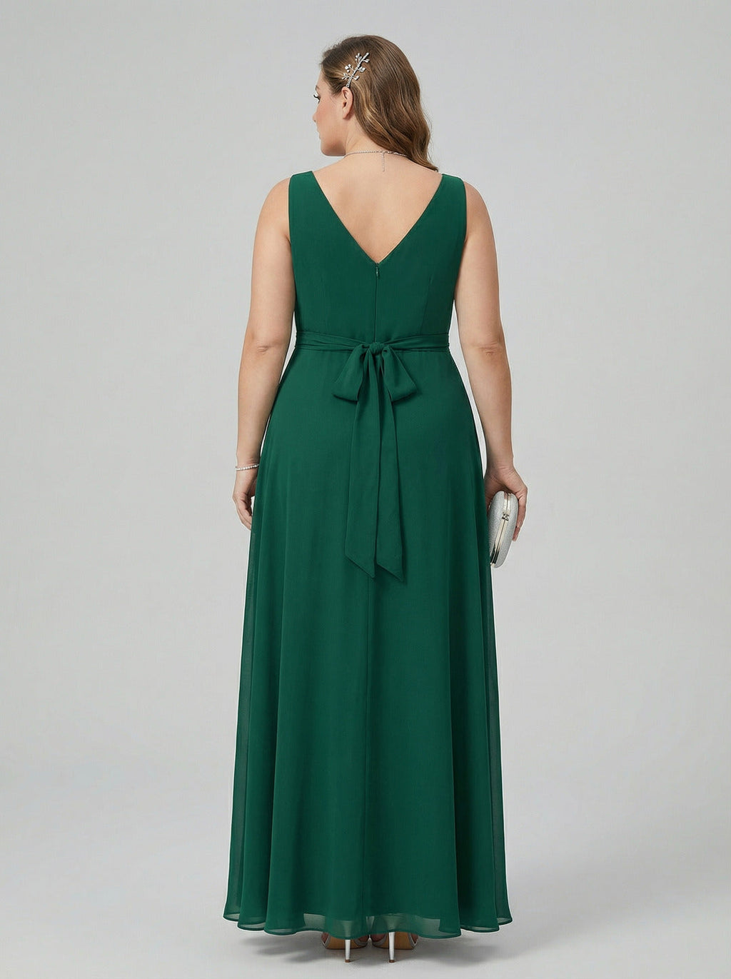 Simple Emerald Chiffon A-Line V-Neck V-Back Ankle-Length Plus Size Bridesmaid Dress - Curvevia