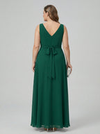 Simple Emerald Chiffon A-Line V-Neck V-Back Ankle-Length Plus Size Bridesmaid Dress - Curvevia
