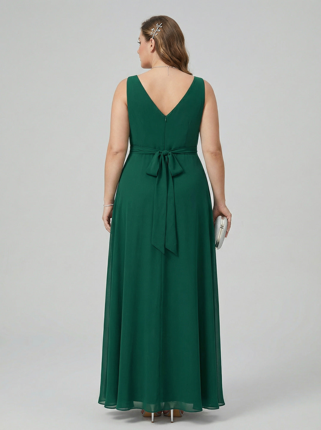 Simple Emerald Chiffon A-Line V-Neck V-Back Ankle-Length Plus Size Bridesmaid Dress - Curvevia