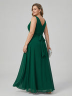 Simple Emerald Chiffon A-Line V-Neck V-Back Ankle-Length Plus Size Bridesmaid Dress - Curvevia