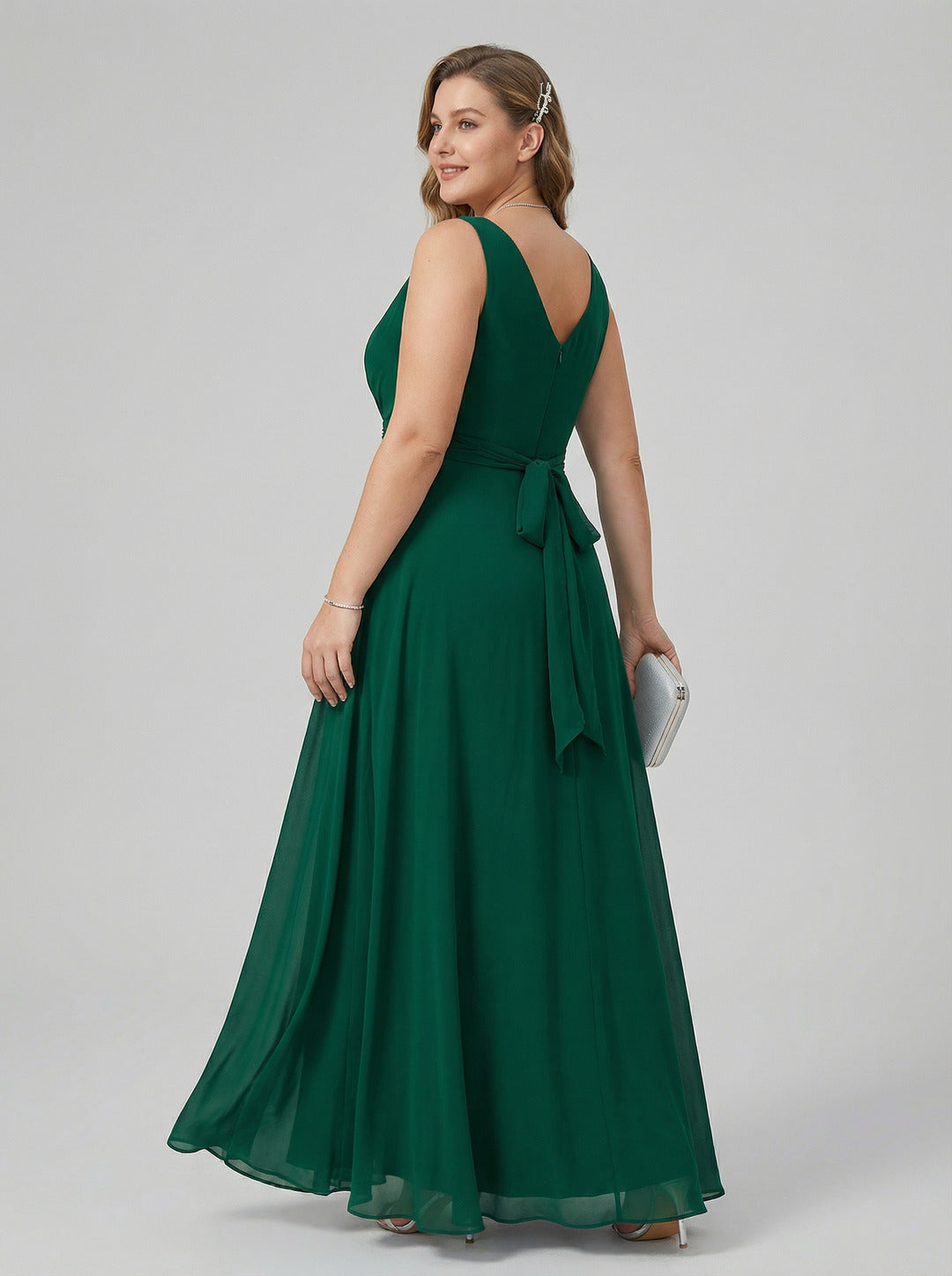Simple Emerald Chiffon A-Line V-Neck V-Back Ankle-Length Plus Size Bridesmaid Dress - Curvevia