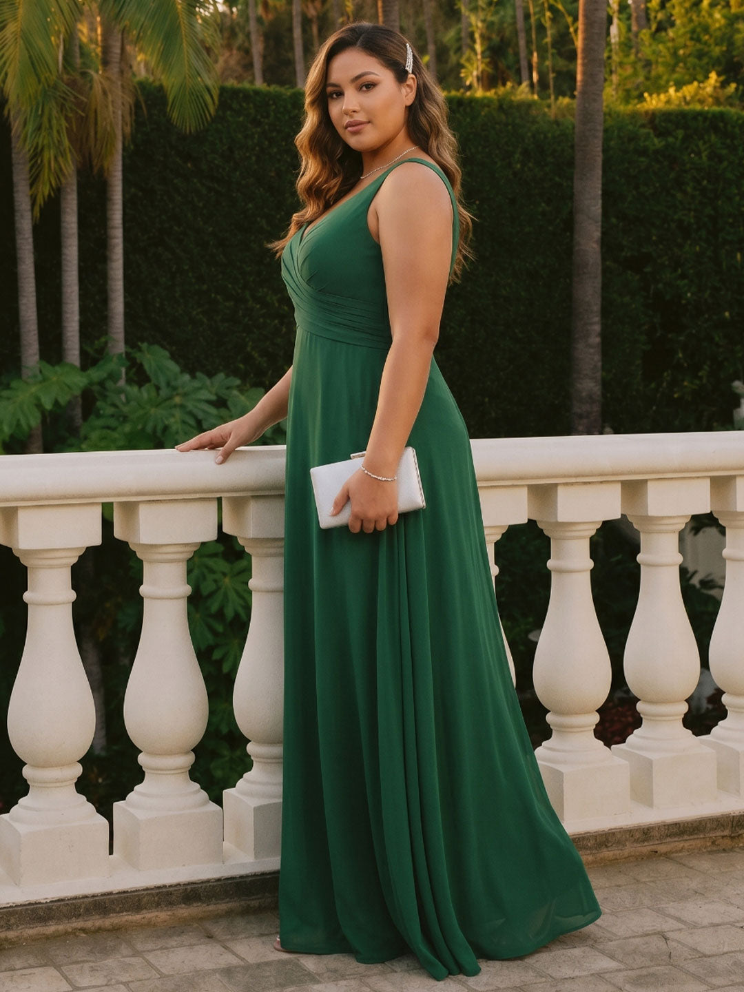 Simple Emerald Chiffon A-Line V-Neck V-Back Ankle-Length Plus Size Bridesmaid Dress - Curvevia