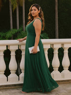 Simple Emerald Chiffon A-Line V-Neck V-Back Ankle-Length Plus Size Bridesmaid Dress - Curvevia