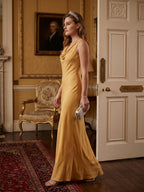 Simple Gold Matte Satin A-Line Cowl Neck Backless Ankle-Length Bridesmaid Dress - Curvevia