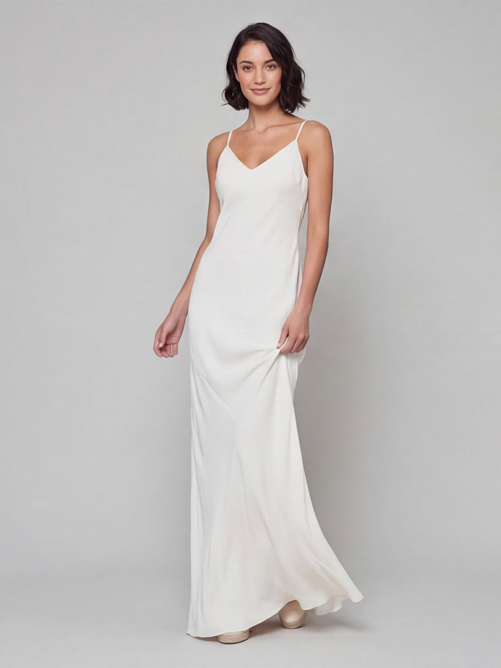 Simple White Satin A-Line V-Neck Backless Ankle-Length Bridesmaid Dress - Curvevia