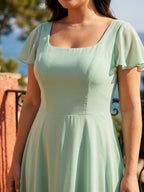 Simple Mint Green Chiffon A-Line Square Neck Back Zip with nan Ankle-Length Plus Size Bridesmaid Dress - Curvevia