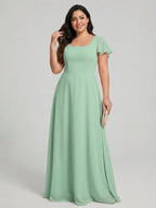 Simple Mint Green Chiffon A-Line Square Neck Back Zip with nan Ankle-Length Plus Size Bridesmaid Dress - Curvevia