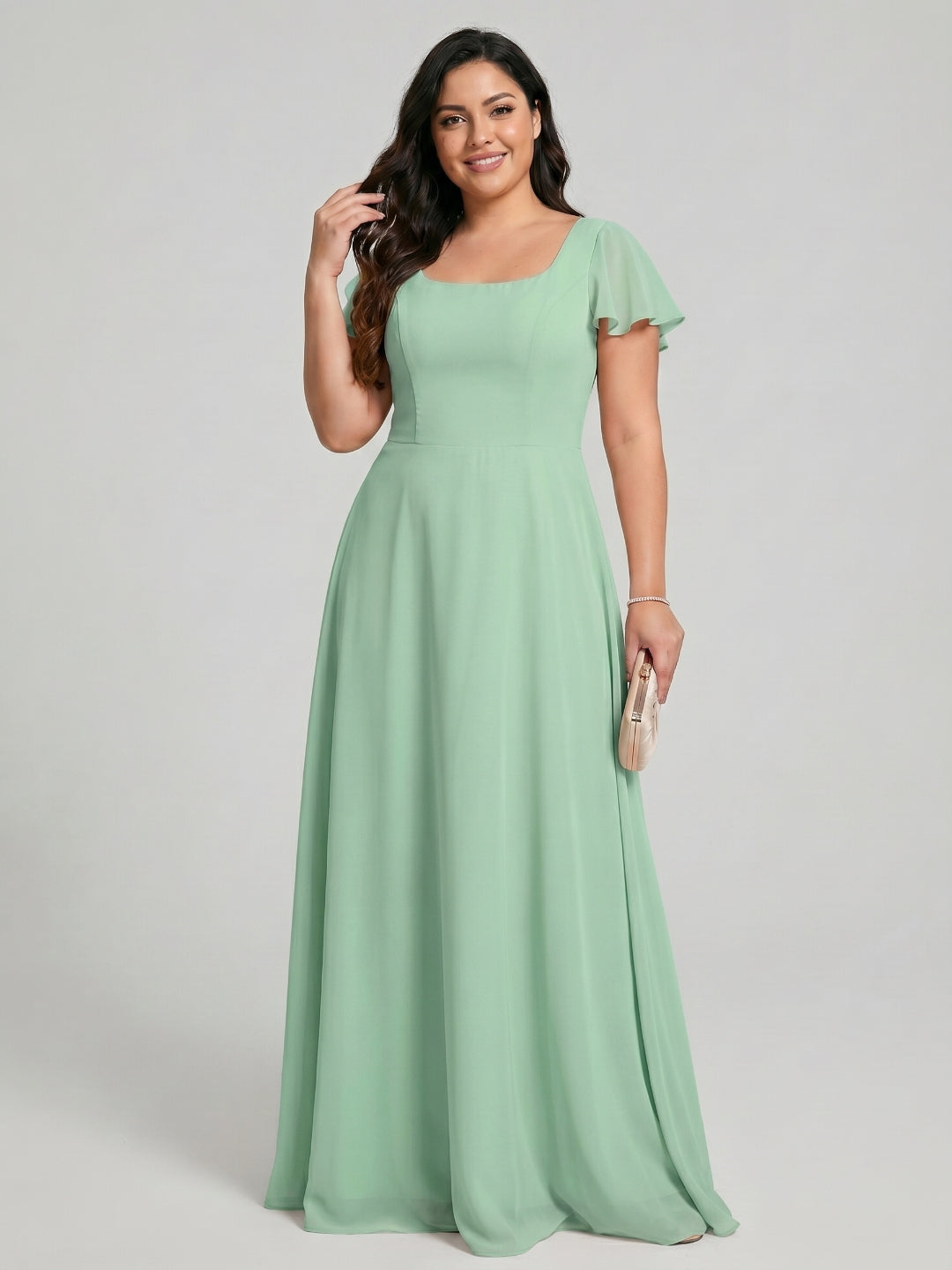 Simple Mint Green Chiffon A-Line Square Neck Back Zip with nan Ankle-Length Plus Size Bridesmaid Dress - Curvevia