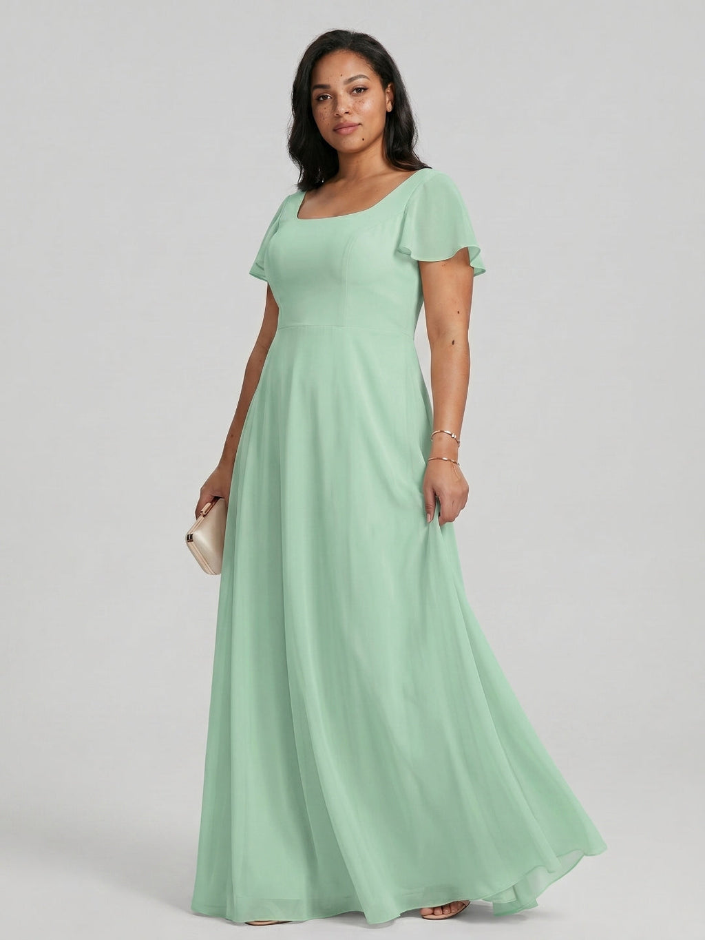 Simple Mint Green Chiffon A-Line Square Neck Back Zip with nan Ankle-Length Plus Size Bridesmaid Dress - Curvevia
