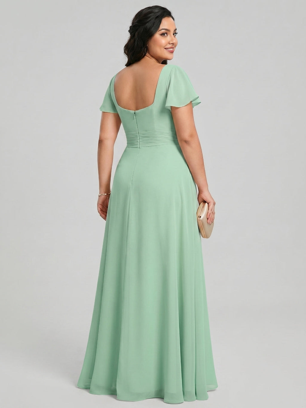 Simple Mint Green Chiffon A-Line Square Neck Back Zip with nan Ankle-Length Plus Size Bridesmaid Dress - Curvevia