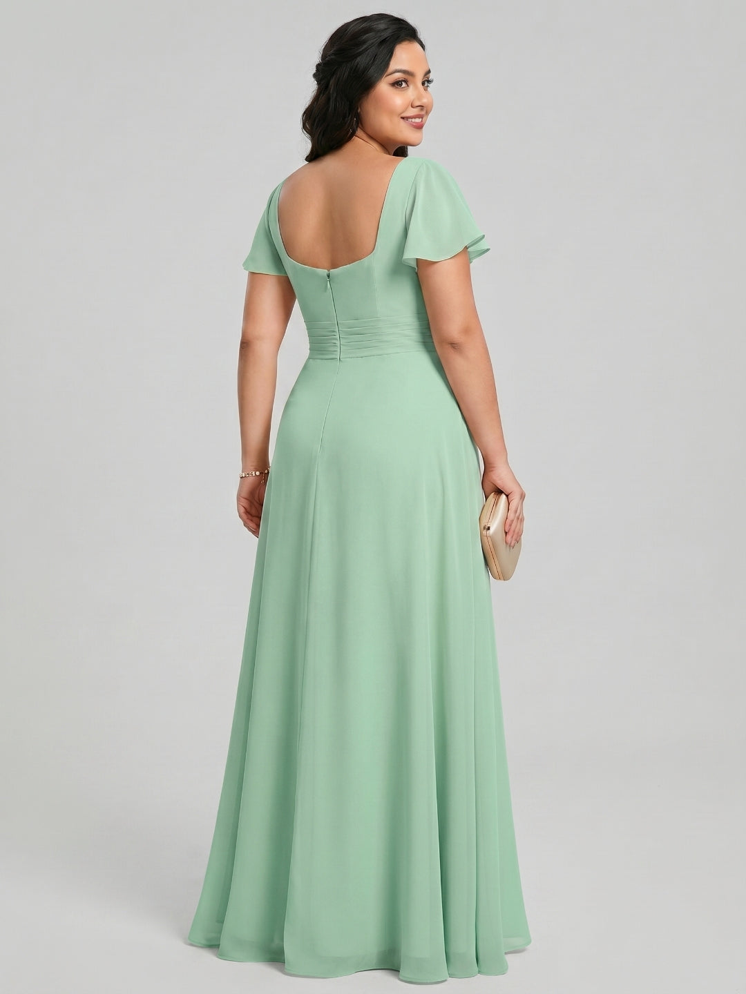 Simple Mint Green Chiffon A-Line Square Neck Back Zip with nan Ankle-Length Plus Size Bridesmaid Dress - Curvevia