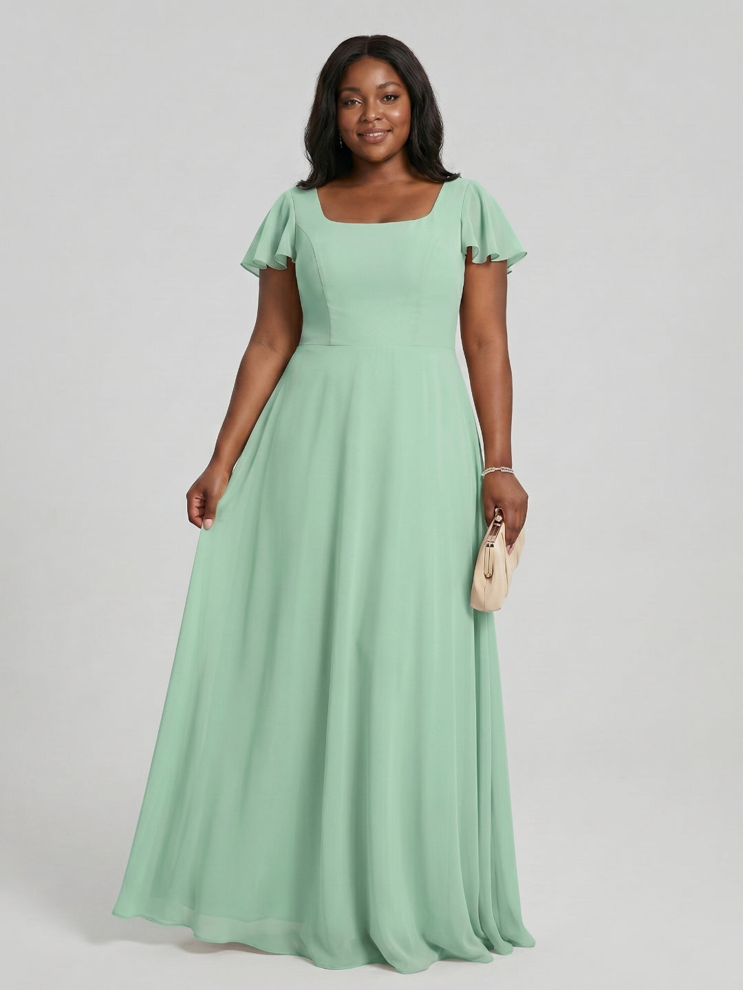 Simple Mint Green Chiffon A-Line Square Neck Back Zip with nan Ankle-Length Plus Size Bridesmaid Dress - Curvevia
