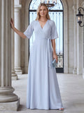 Simple Mist Chiffon A-Line V-Neck Back Zip Ankle-Length Bridesmaid Dress - Curvevia