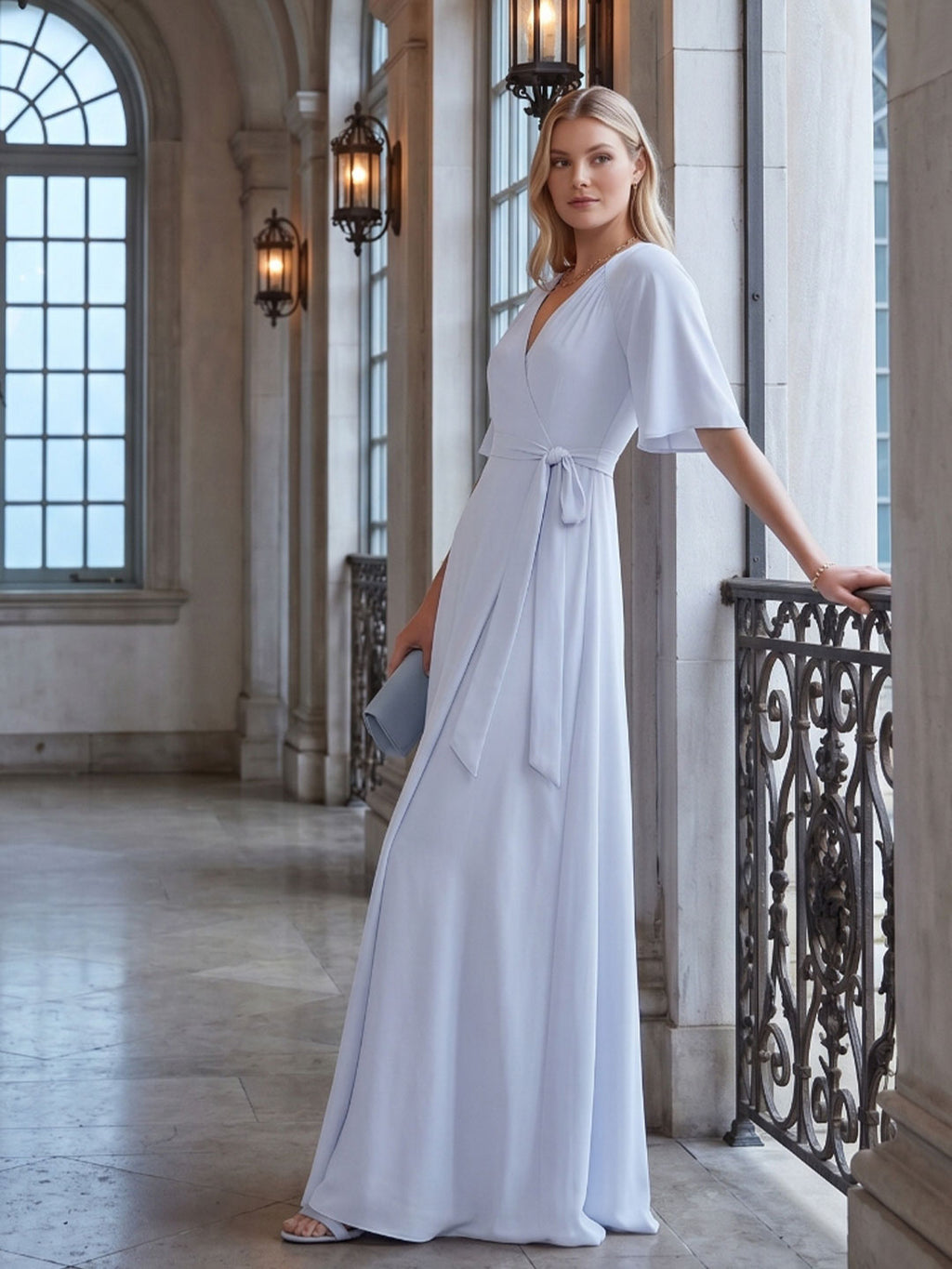 Simple Mist Chiffon A-Line V-Neck Back Zip Ankle-Length Bridesmaid Dress - Curvevia