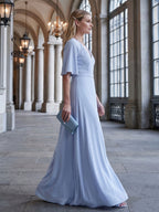 Simple Mist Chiffon A-Line V-Neck Back Zip Ankle-Length Bridesmaid Dress - Curvevia