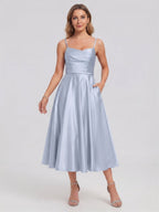 Simple Mist Satin A-Line Straight Neck Back Zip with nan Knee-Length Bridesmaid Dress - Curvevia