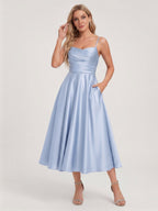 Simple Mist Satin A-Line Straight Neck Back Zip with nan Knee-Length Bridesmaid Dress - Curvevia