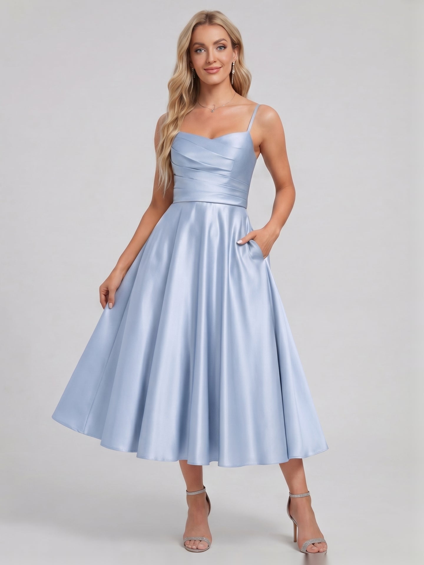 Simple Mist Satin A-Line Straight Neck Back Zip with nan Knee-Length Bridesmaid Dress - Curvevia