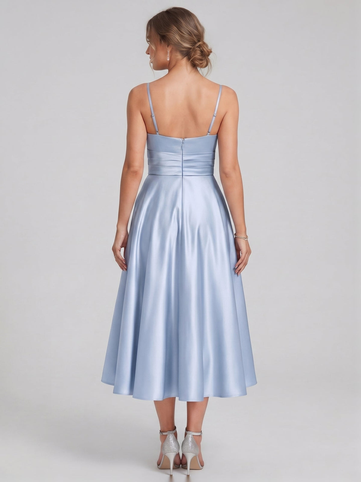 Simple Mist Satin A-Line Straight Neck Back Zip with nan Knee-Length Bridesmaid Dress - Curvevia