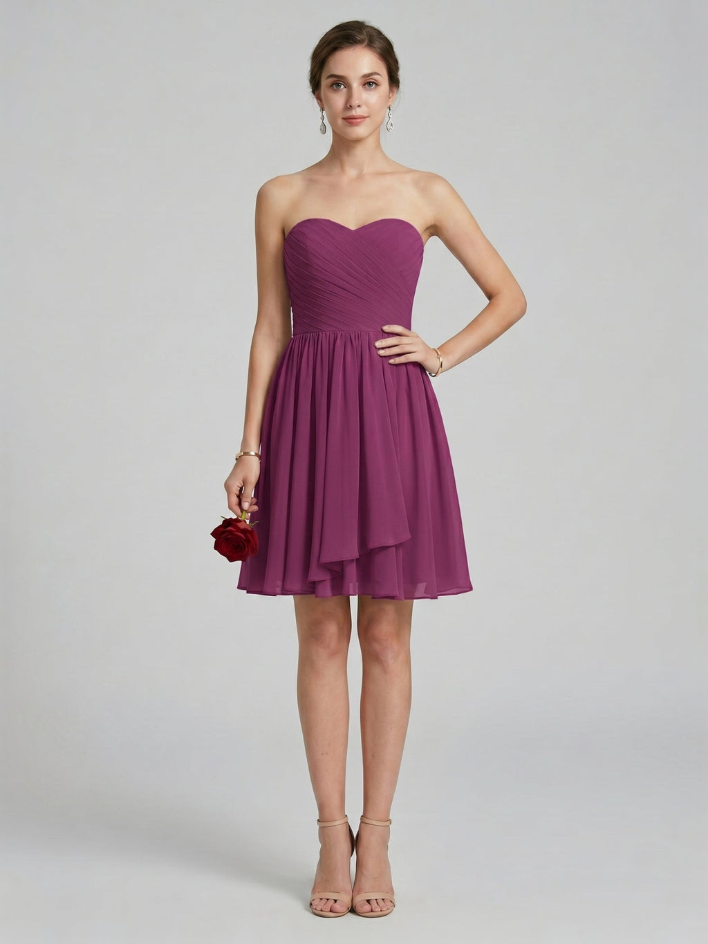 Simple Mulberry Chiffon A-Line Sweetheart Back Zip with Pleated Knee-Length Bridesmaid Dress - Curvevia
