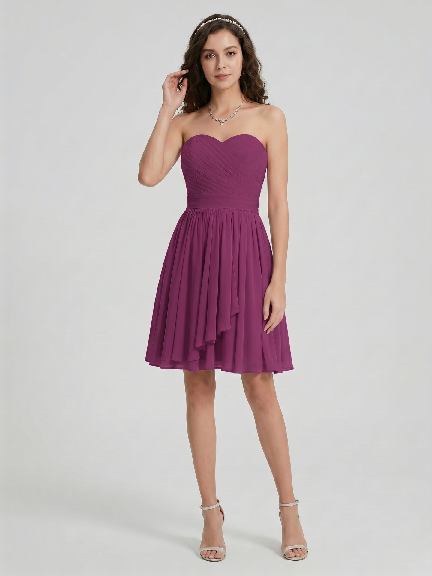 Simple Mulberry Chiffon A-Line Sweetheart Back Zip with Pleated Knee-Length Bridesmaid Dress - Curvevia