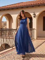 Simple Navy Blue Chiffon A-Line Scoop Neck V-Back with Bow Accent Ankle-Length Bridesmaid Dress - Curvevia