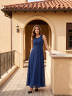 Simple Navy Blue Chiffon A-Line Scoop Neck V-Back with Bow Accent Ankle-Length Bridesmaid Dress - Curvevia