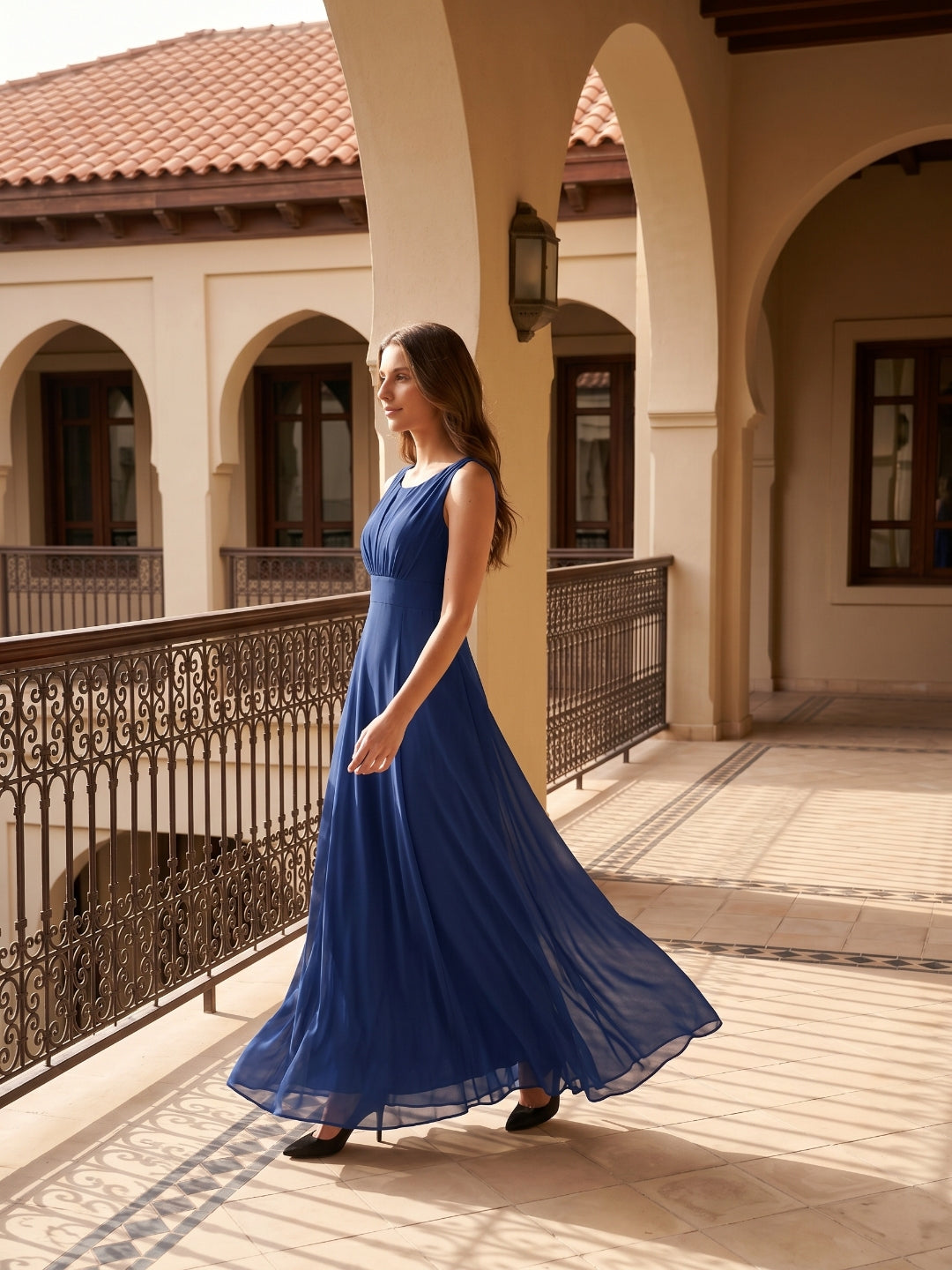 Simple Navy Blue Chiffon A-Line Scoop Neck V-Back with Bow Accent Ankle-Length Bridesmaid Dress - Curvevia
