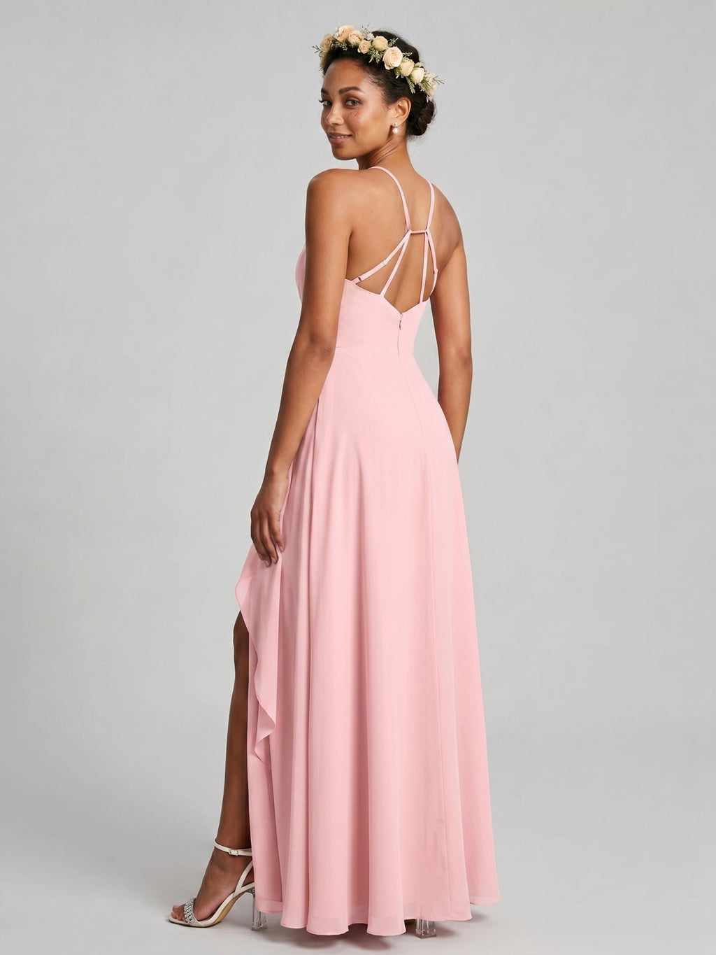 Simple Petal Chiffon A-Line Halter neckline Backless Ankle-Length Bridesmaid Dress - Curvevia