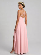 Simple Petal Chiffon A-Line Halter neckline Backless Ankle-Length Bridesmaid Dress - Curvevia