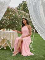 Simple Petal Chiffon A-Line Halter neckline Backless Ankle-Length Bridesmaid Dress - Curvevia