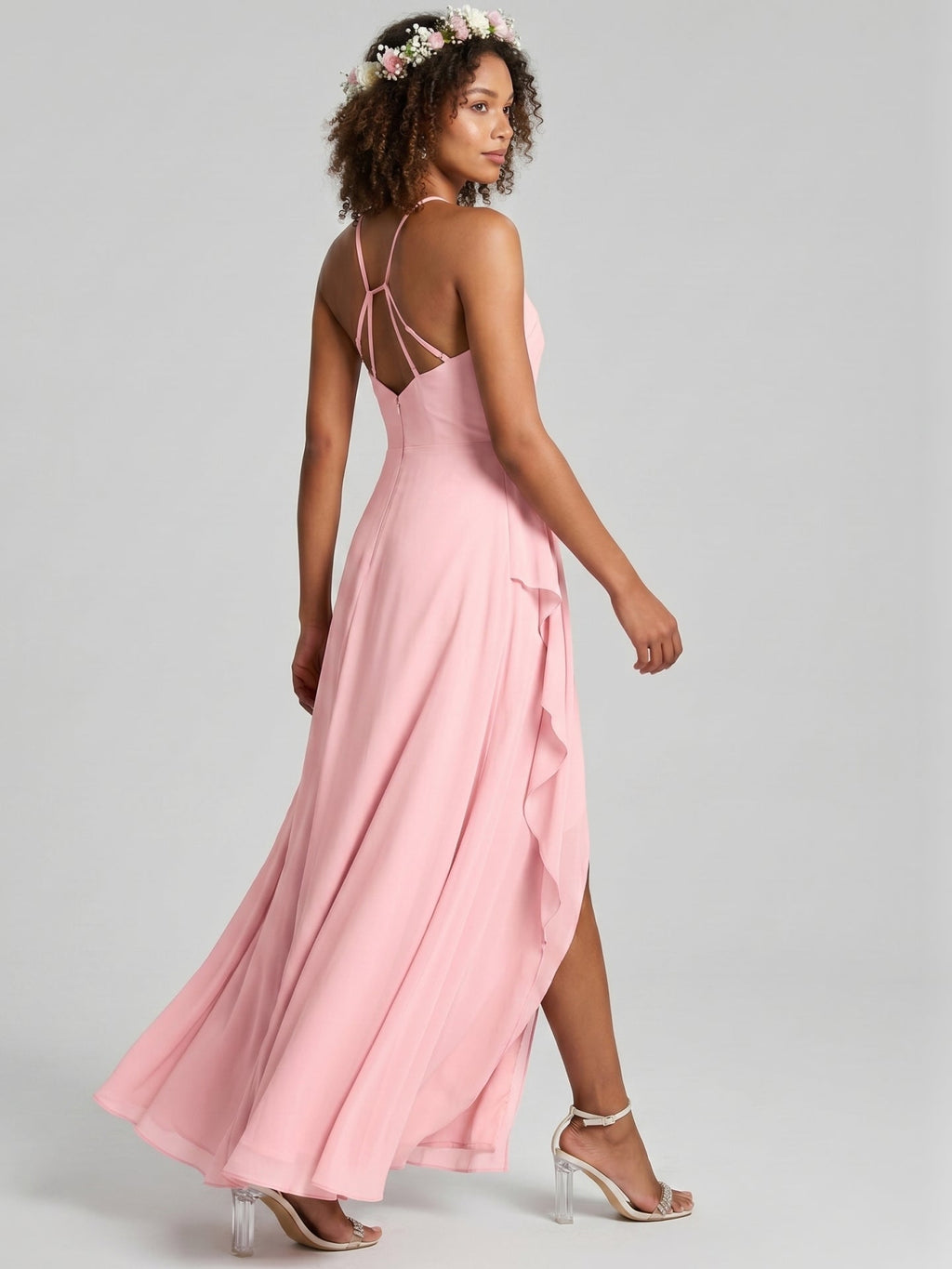 Simple Petal Chiffon A-Line Halter neckline Backless Ankle-Length Bridesmaid Dress - Curvevia