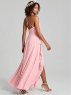 Simple Petal Chiffon A-Line Halter neckline Backless Ankle-Length Bridesmaid Dress - Curvevia