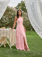 Simple Petal Chiffon A-Line Halter neckline Backless Ankle-Length Bridesmaid Dress - Curvevia