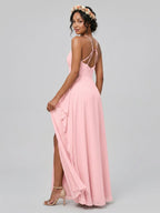 Simple Petal Chiffon A-Line Halter neckline Backless Ankle-Length Bridesmaid Dress - Curvevia