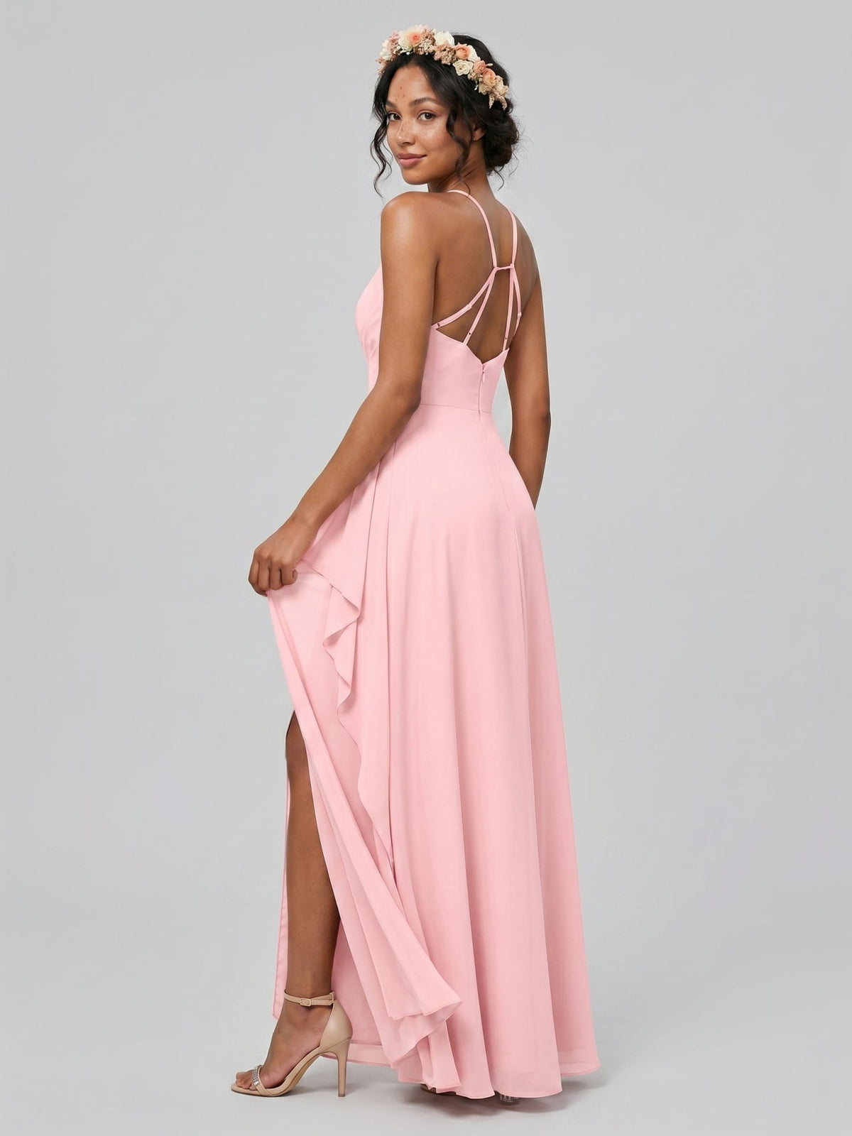 Simple Petal Chiffon A-Line Halter neckline Backless Ankle-Length Bridesmaid Dress - Curvevia