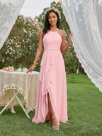 Simple Petal Chiffon A-Line Halter neckline Backless Ankle-Length Bridesmaid Dress - Curvevia