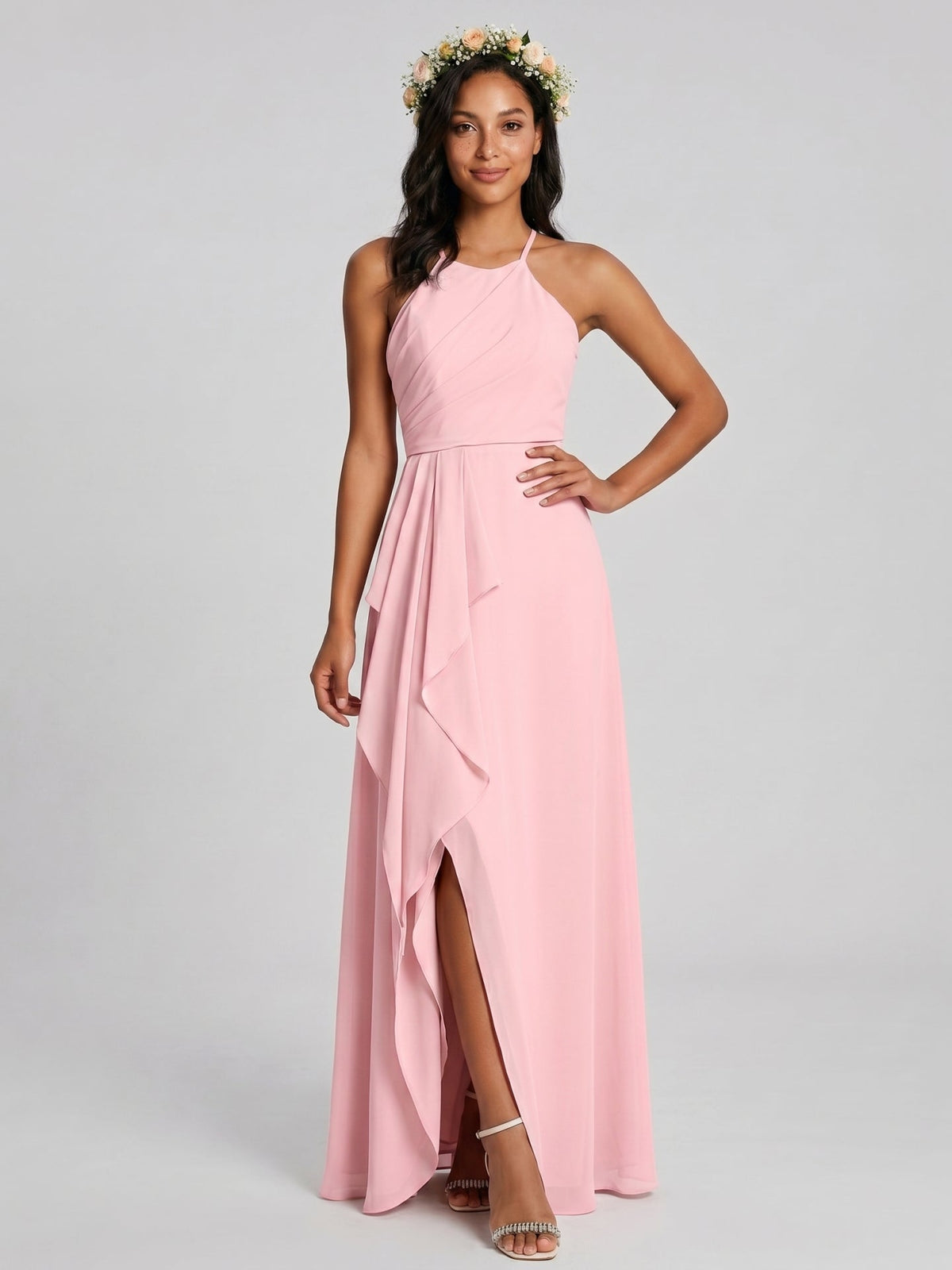 Simple Petal Chiffon A-Line Halter neckline Backless Ankle-Length Bridesmaid Dress - Curvevia