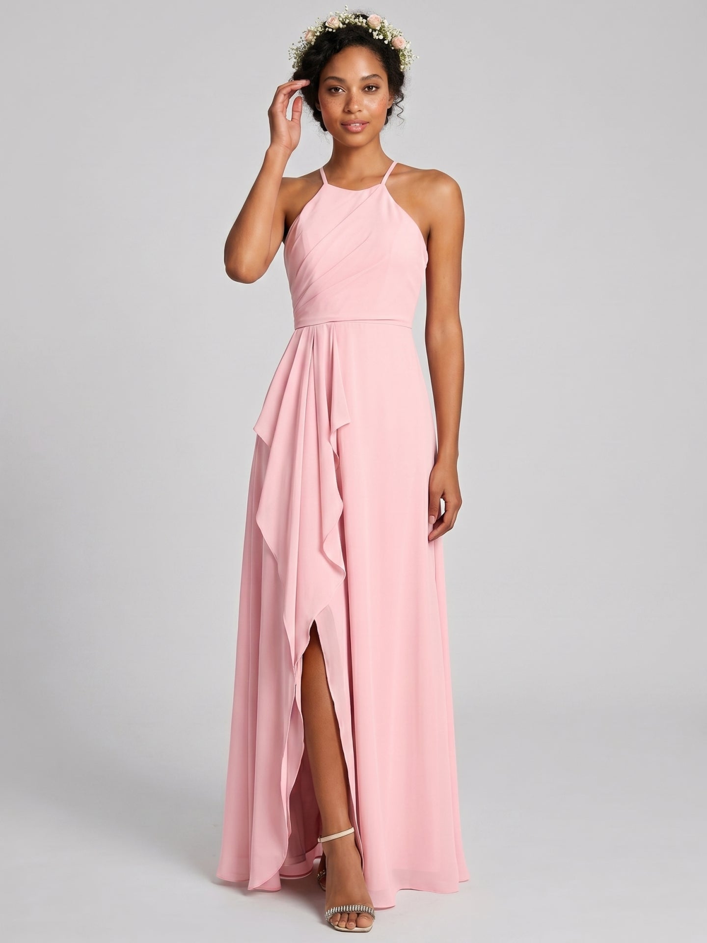 Simple Petal Chiffon A-Line Halter neckline Backless Ankle-Length Bridesmaid Dress - Curvevia