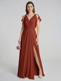 Simple Rust Chiffon A-Line V-Neck V-Back Ankle-Length Bridesmaid Dress - Curvevia