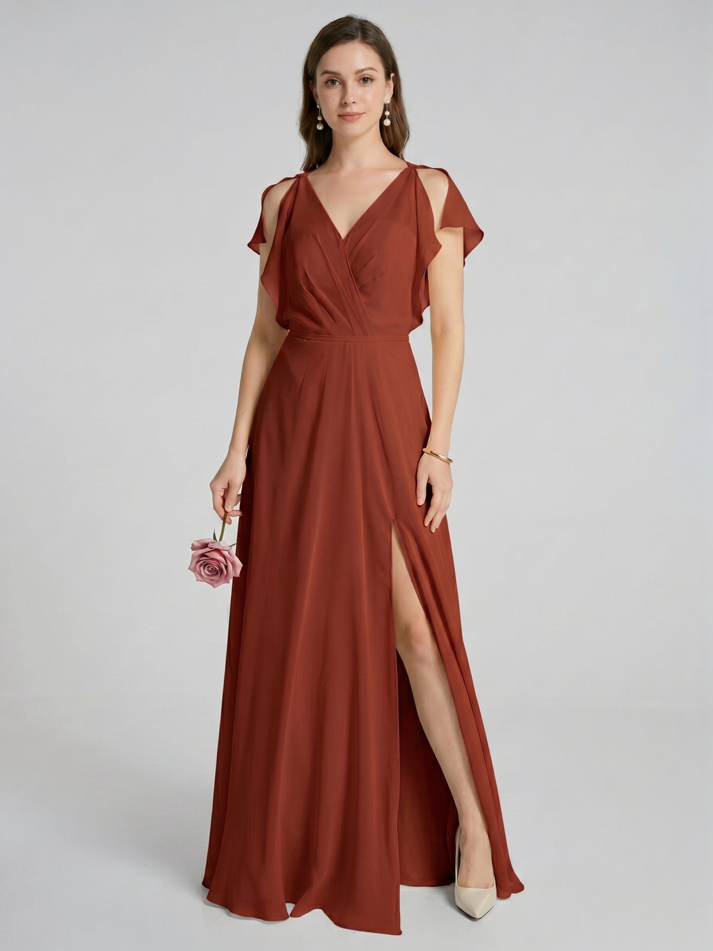 Simple Rust Chiffon A-Line V-Neck V-Back Ankle-Length Bridesmaid Dress - Curvevia