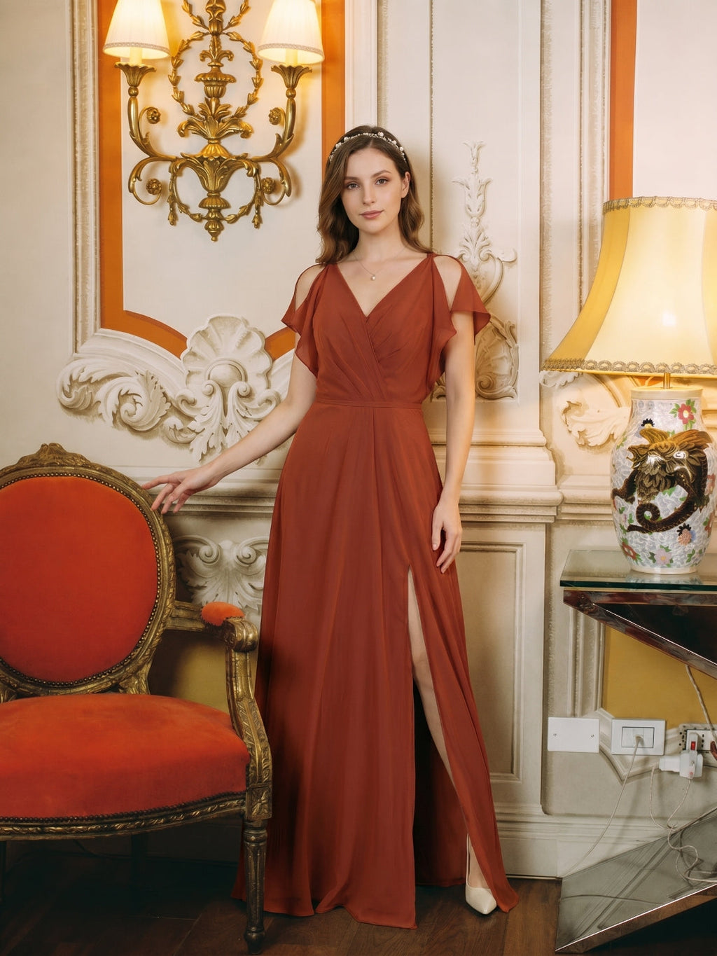 Simple Rust Chiffon A-Line V-Neck V-Back Ankle-Length Bridesmaid Dress - Curvevia