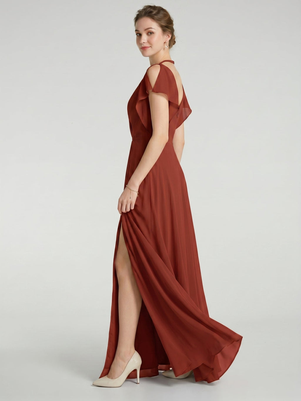 Simple Rust Chiffon A-Line V-Neck V-Back Ankle-Length Bridesmaid Dress - Curvevia